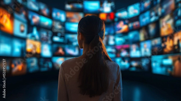Fototapeta Woman in cyberspace environment, multiple displays show internet data, tech connection concept