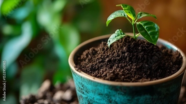 Obraz Recycled coffee grounds used as plant fertilizer in an indoor setting