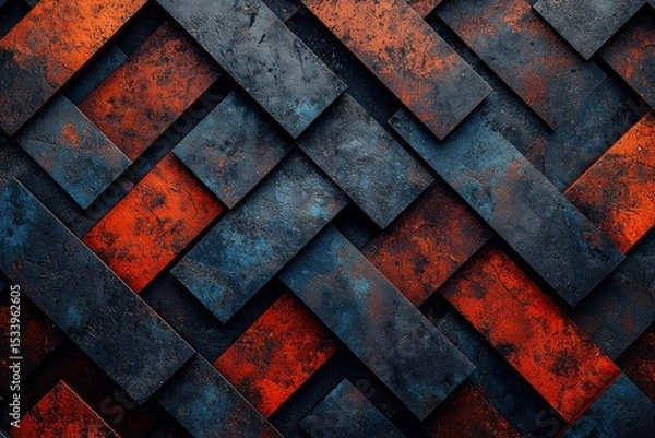 Fototapeta Abstract geometric pattern of overlapping, rectangular, rusty metal panels