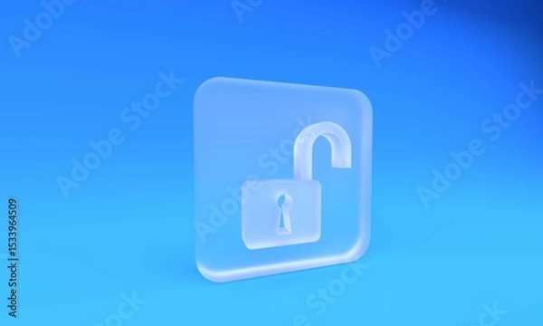 Fototapeta Frosted glass Open padlock icon isolated on blue background. Opened lock sign. Cyber security concept. Digital data protection. Safety safety. Square frosted glass button. 3D render illustration