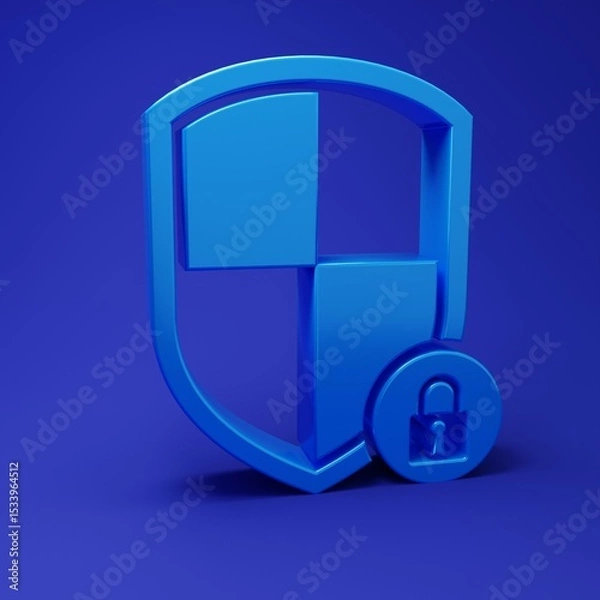Fototapeta Blue Shield security with lock icon isolated on blue background. Protection, safety, password security. Firewall access privacy sign. Minimalism concept. 3D render illustration