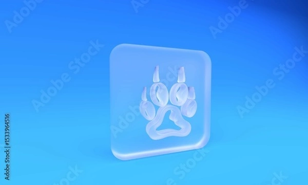 Fototapeta Frosted glass Paw print icon isolated on blue background. Dog or cat paw print. Animal track. Square frosted glass button. 3D render illustration