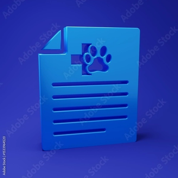 Fototapeta Blue Medical certificate for travel with dog or cat icon isolated on blue background. Document for pet. Dog or cat paw print. Minimalism concept. 3D render illustration