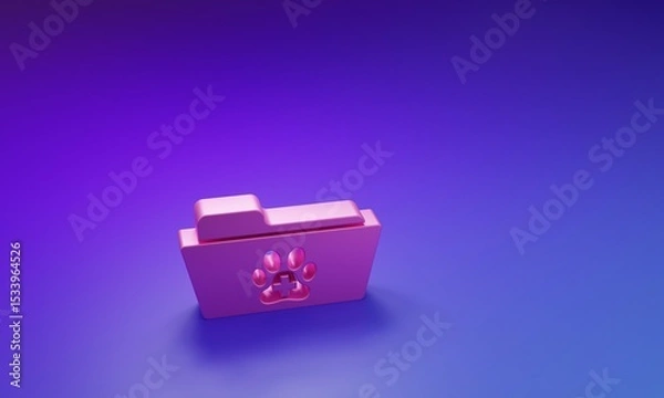 Fototapeta Pink Medical veterinary record folder icon isolated on purple-blue background. Dog or cat paw print. Document for pet. Patient file icon. Minimalism concept. 3D render illustration