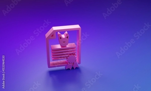 Fototapeta Pink Medical certificate for travel with dog or cat icon isolated on purple-blue background. Document for pet. Dog or cat paw print. Minimalism concept. 3D render illustration