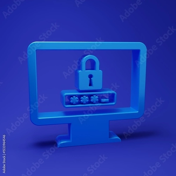Fototapeta Blue Monitor with password notification and lock icon isolated on blue background. Security, personal access, user authorization, login form. Minimalism concept. 3D render illustration