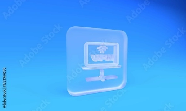 Fototapeta Frosted glass VPN Computer network icon isolated on blue background. Laptop network. Internet connection. Square frosted glass button. 3D render illustration