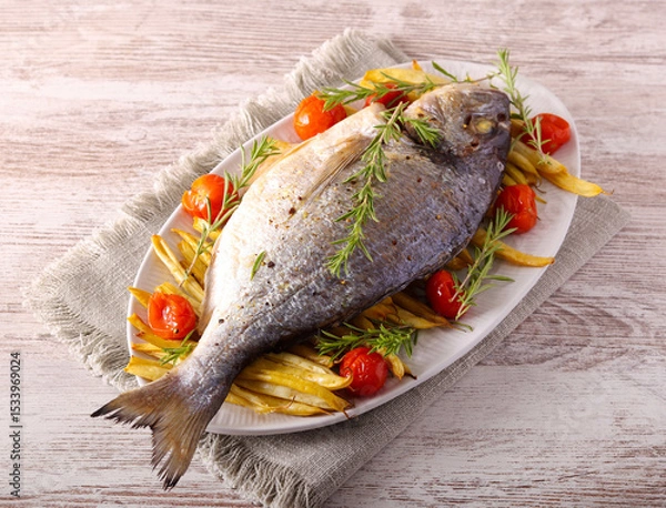 Fototapeta stream bream, dorada fish with beans and tomato