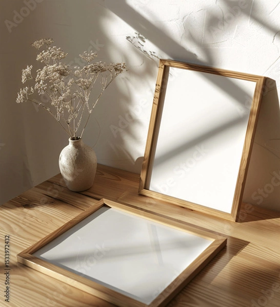 Fototapeta Vertical wooden frame mockup poster leaning on the wall for artwork, photo, print and painting presentation