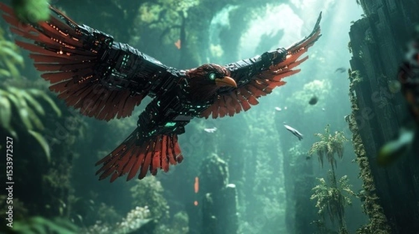 Fototapeta Mech bird soaring through lush, otherworldly jungle