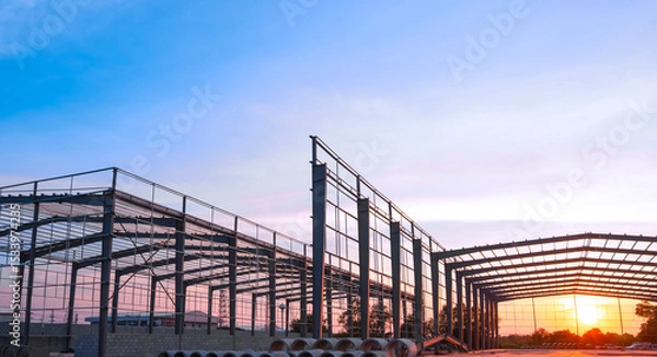 Fototapeta Silhouette steel structure of modern industrial factory building in construction site against sunset sky background, low angle view