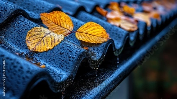 Fototapeta Autumn leaves on a wet, dark roof