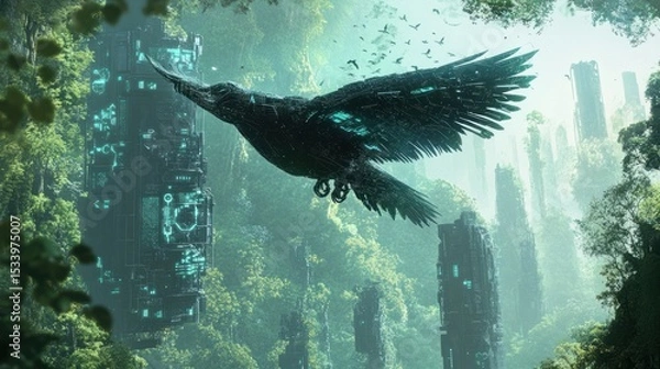 Fototapeta Futuristic avian in lush, overgrown jungle