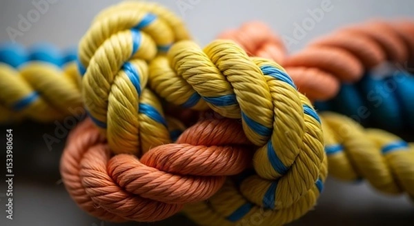 Fototapeta Close-up of a Colorful Knotted Rope in Yellow and Orange