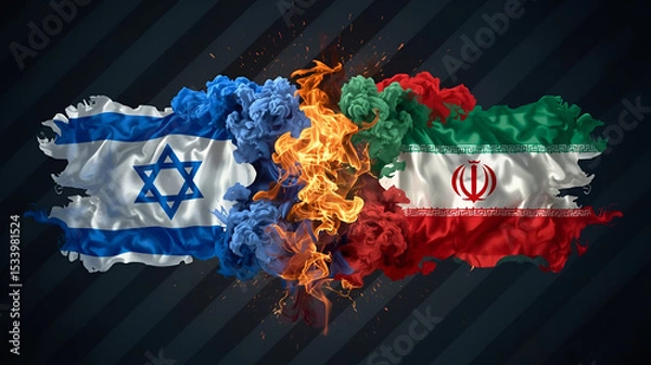 Fototapeta Israel and Iran flags shown as swirling smoke with bold emblems. A fiery explosion bursts between them. Dark diagonal lines in background add motion. Vibrant colors highlight tension.

