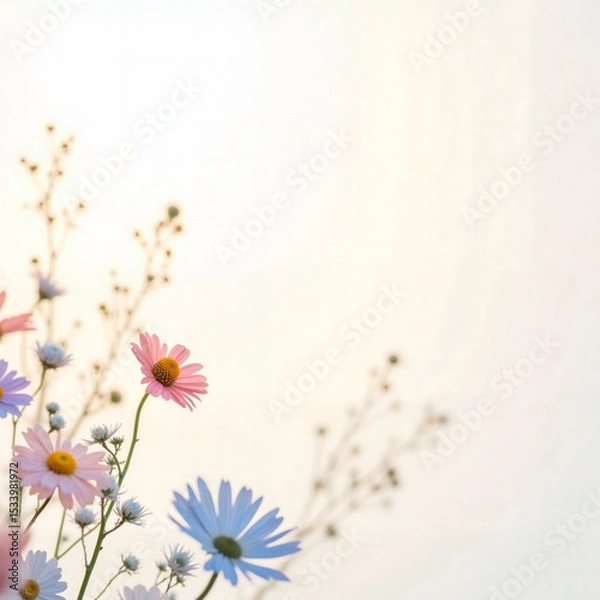 Obraz Pastel wildflowers in soft watercolor style on bright white background with copy space, representing gentle seasonal elegance
