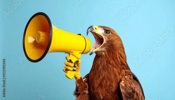 Obraz Generated image Funny red eagl holds a yellow loudspeaker in its paws and screams on a blue backgroun