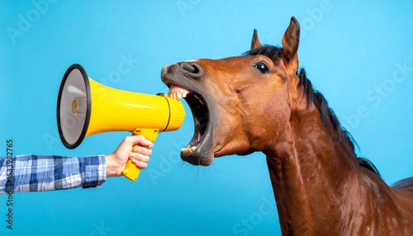 Obraz Generated image Funny red horse holds a yellow loudspeaker in its paws and screams 