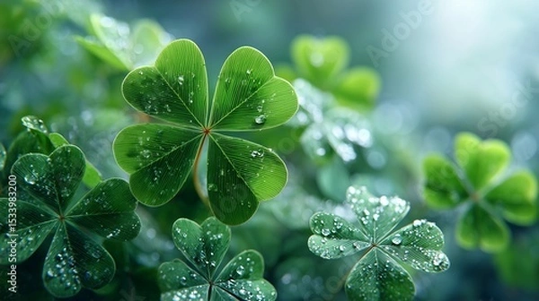 Obraz St. Patrickâ€™s shamrock with green-tinted shades on misty white backdrop, lucky holiday vibe, Irish party theme