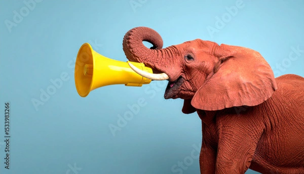 Obraz Generated image Funny red elephant holds a yellow loudspeaker in its paws and screams 
