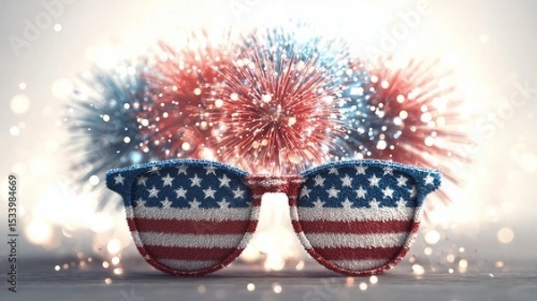 Obraz Fourth of July firework wearing patriotic sunglasses on hazy white background, USA independence day, explosive fun