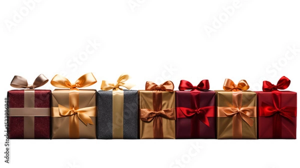 Fototapeta Gift boxes with gold ribbons, festive holiday presents, dark background, shiny red-black luxury, isolated on transparent background.