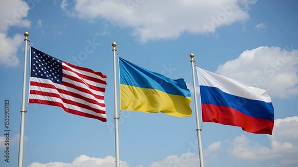 Fototapeta USA, Ukraine, and Russia flags wave on silver flagpoles with gold tops against a blue sky with clouds. Flags flutter in wind, showing color, movement, and national pride.

