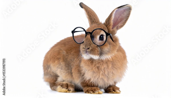 Obraz Generated image Red-brown cute rabbit wearing glasses sitting isolated on white background.