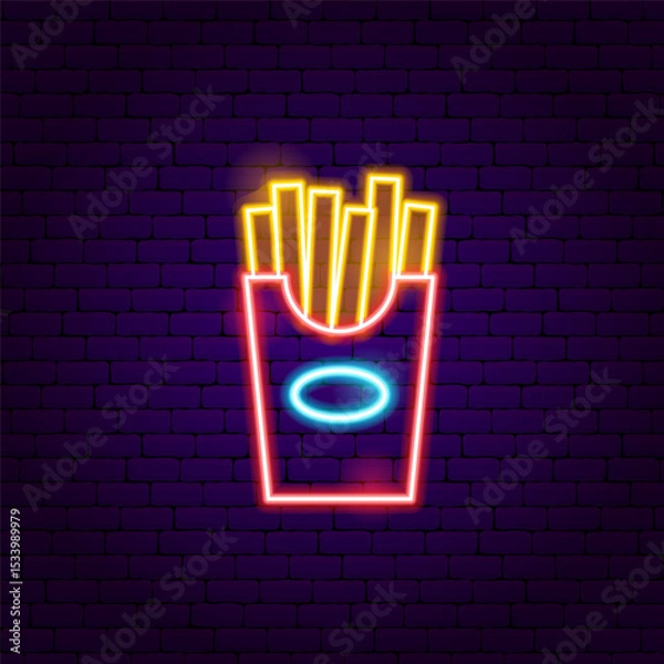Fototapeta French Fries Neon Sign. Fried Potato Glowing Symbol. Vector Illustration of Fast Food Promotion Object.