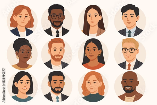 Fototapeta Collection of diverse people avatars. Set of multicultural business character portraits. Male and female user profile icons. Global team, community, and company staff concept.