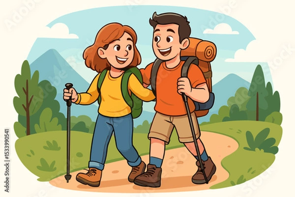 Obraz Happy couple hiking in the mountains. Young man and woman with backpacks on a nature trail. Outdoor adventure, travel, and trekking concept. Active lifestyle cartoon vector.