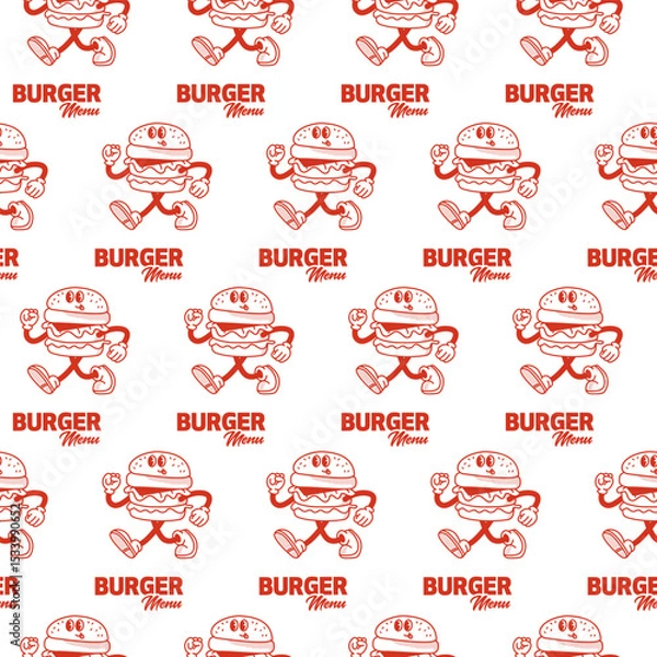Fototapeta Retro Burger Guy Seamless Pattern. Vector Illustration of Old Fashion Vintage Cartoon Happy Concept. Street Food. Fun Texture Background.