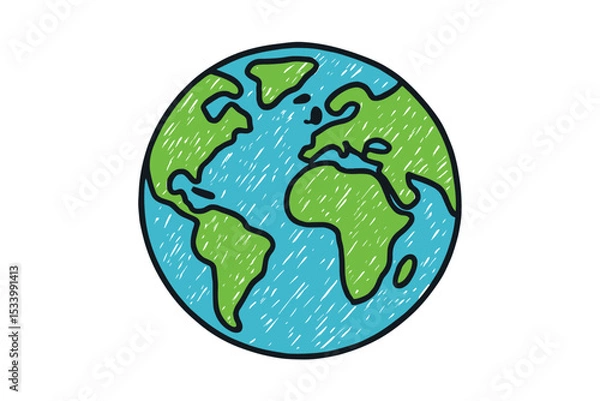 Fototapeta Doodle Earth globe illustration. Hand-drawn planet sketch with scribble texture. Simple world map icon for ecology, environment, and conservation. Cute child's drawing vector.