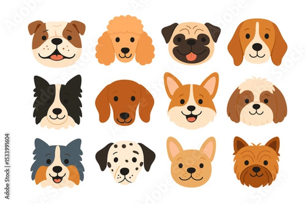 Obraz Cute dog faces collection. Set of cartoon puppy head icons. Vector illustrations of various happy pet breeds. Bulldog, Poodle, Pug, Corgi, Dalmatian, Yorkshire Terrier.