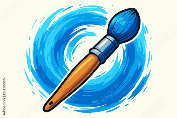 Obraz Paintbrush with blue paint creating a circular swirl. Artist tool icon for creativity and design. Vector illustration of a painting process with abstract brushstroke background.