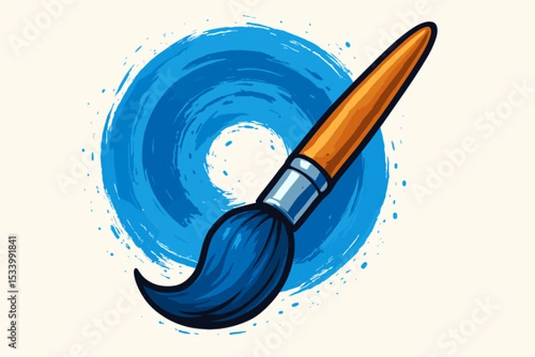 Obraz Paintbrush icon painting a blue circle. Artist tool for drawing and creativity concept. Vector illustration of a brushstroke swirl for design, decoration or renovation projects.