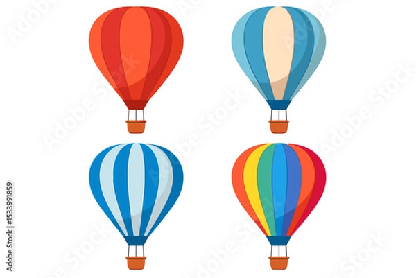 Fototapeta Vector set of colorful hot air balloons. Cartoon collection of aerostats with basket. Isolated icons for travel, adventure, festival and tourism concepts. Flat design graphic.