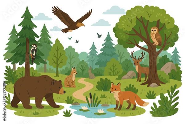 Fototapeta Forest animals wildlife scene with diverse woodland creatures. Vector illustration of a nature ecosystem with bear, fox, deer, eagle, owl, lynx, and rabbit. Cute cartoon landscape.