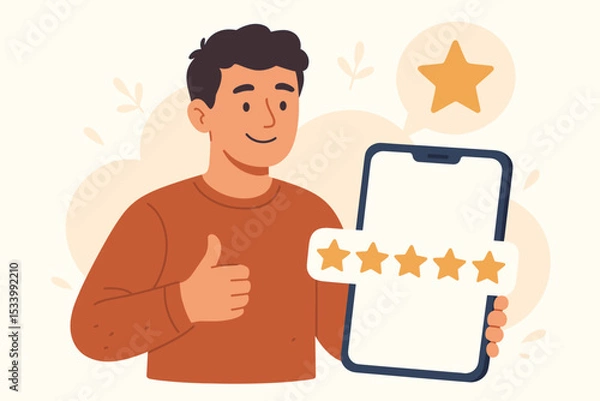 Fototapeta Man giving five star rating on a smartphone. Customer satisfaction and positive feedback concept. Happy client with thumbs up gesture for excellent user experience and service.