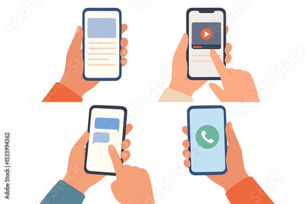 Obraz Hands holding smartphone vector illustration set. People using mobile phone apps for different actions like calling, texting, watching video, and browsing. Communication and app usage concept.
