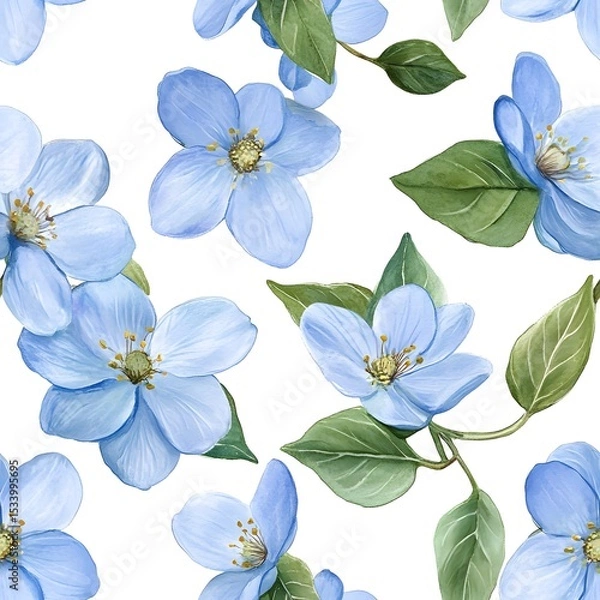 Obraz Delicate light blue flowers and foliage create a seamless pattern.