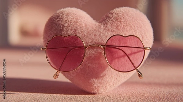 Obraz Valentineâ€™s heart with heart-shaped sunglasses on pastel white backdrop, quirky love theme, viral romantic aesthetic