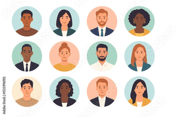 Fototapeta Diverse people avatar collection. Set of multicultural character portraits for business team or social media profile picture. Men and women faces. Flat vector illustration icons.