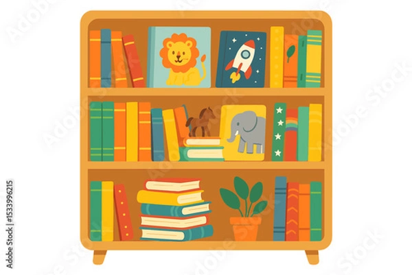 Obraz Cartoon bookshelf with children's books and toys. Lion, elephant, and rocket book covers. Flat vector design for nursery interior, school library, education, learning concept.