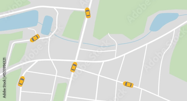 Fototapeta City map navigation on navigator with yellow taxi cars. Top view, view from above on taxi availability. Simple realistic map design with small town, forest, river and lakes. Vector illustration.