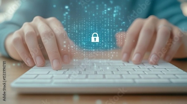 Fototapeta Cybersecurity Focus, close-up of hands typing on a keyboard, holographic lock icon, binary code overlay, emphasizing digital security themes