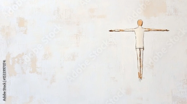 Fototapeta Contemporary abstract figure with exaggerated arms, minimalist design, standing against a clean white backdrop, striking visual simplicity