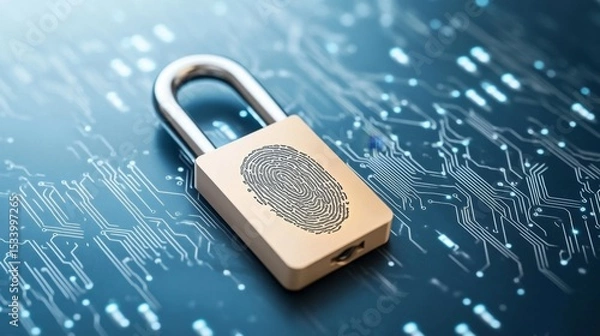 Fototapeta Futuristic Fingerprint Scanner with Glowing Padlock and Digital Circuitry Background