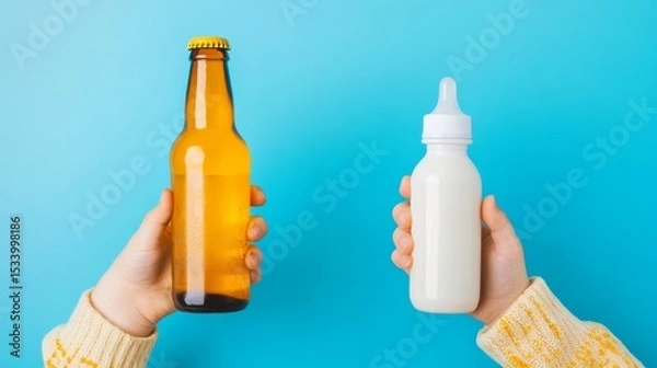 Fototapeta Dual Roles, a parent balancing relaxation with responsibility, enjoying a beer while caring for a baby, capturing the essence of modern parenthood.