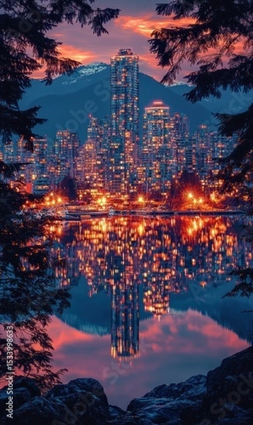 Fototapeta City skyline reflected in tranquil lake at dawn